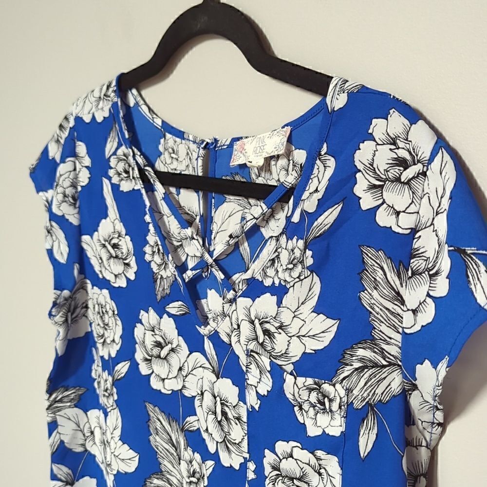 Pink Rose Blue V Neck Blouse - Picture 2 of 7